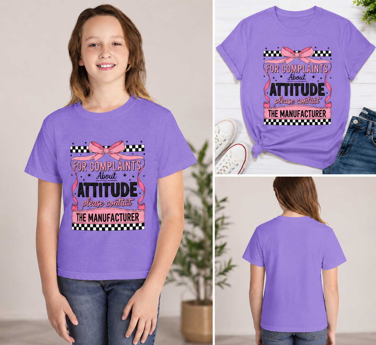 Youth Tee "For Complaints About Attitude Please Contact The Manufacturer" — Funny Pink Ribbon Attitude Graphic
