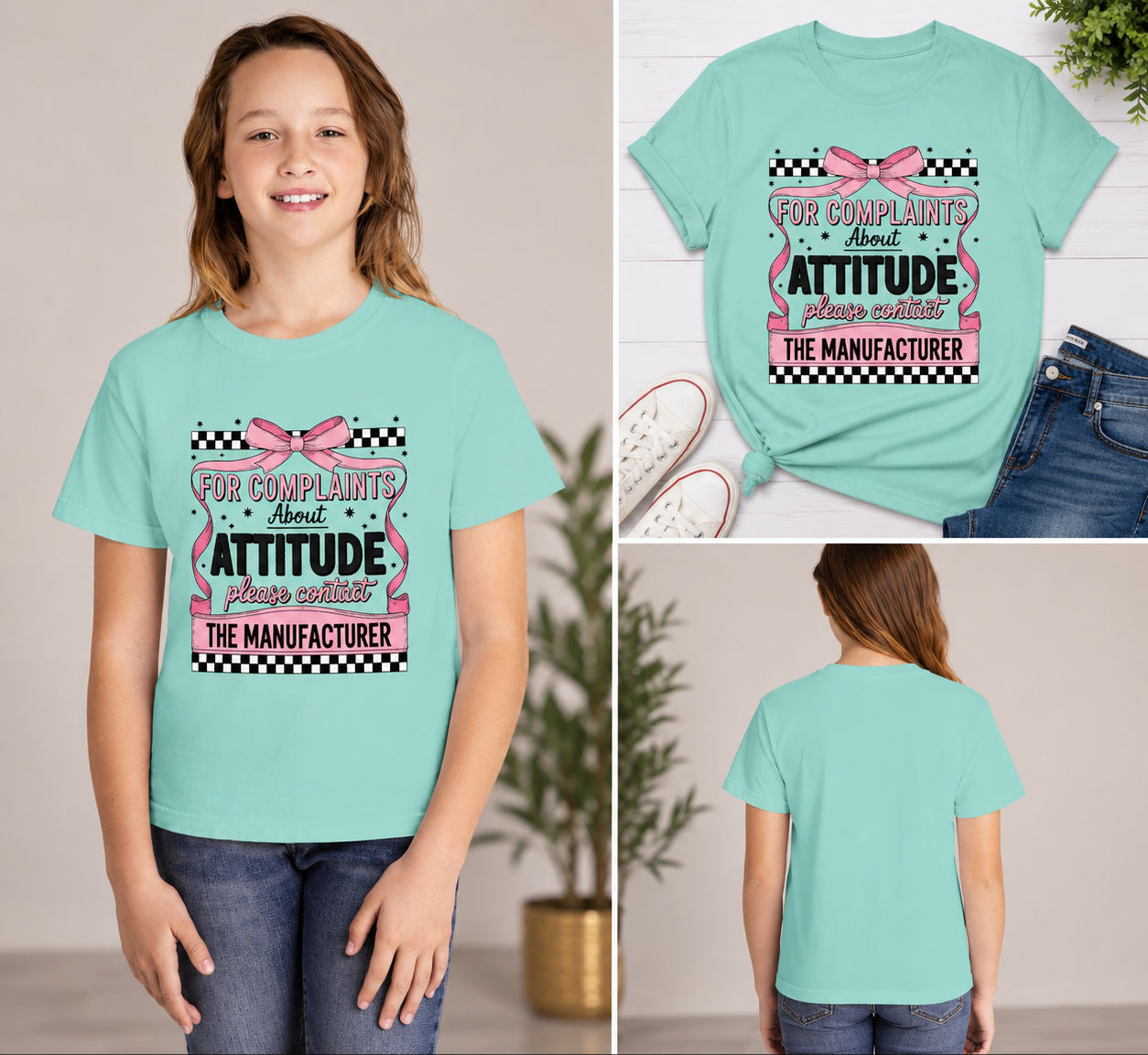 Youth Tee "For Complaints About Attitude Please Contact The Manufacturer" — Funny Pink Ribbon Attitude Graphic