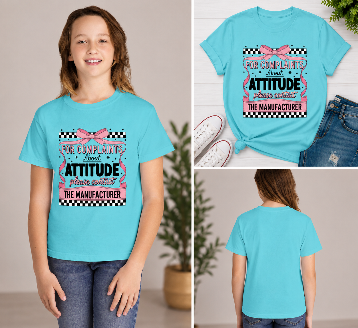 Youth Tee "For Complaints About Attitude Please Contact The Manufacturer" — Funny Pink Ribbon Attitude Graphic
