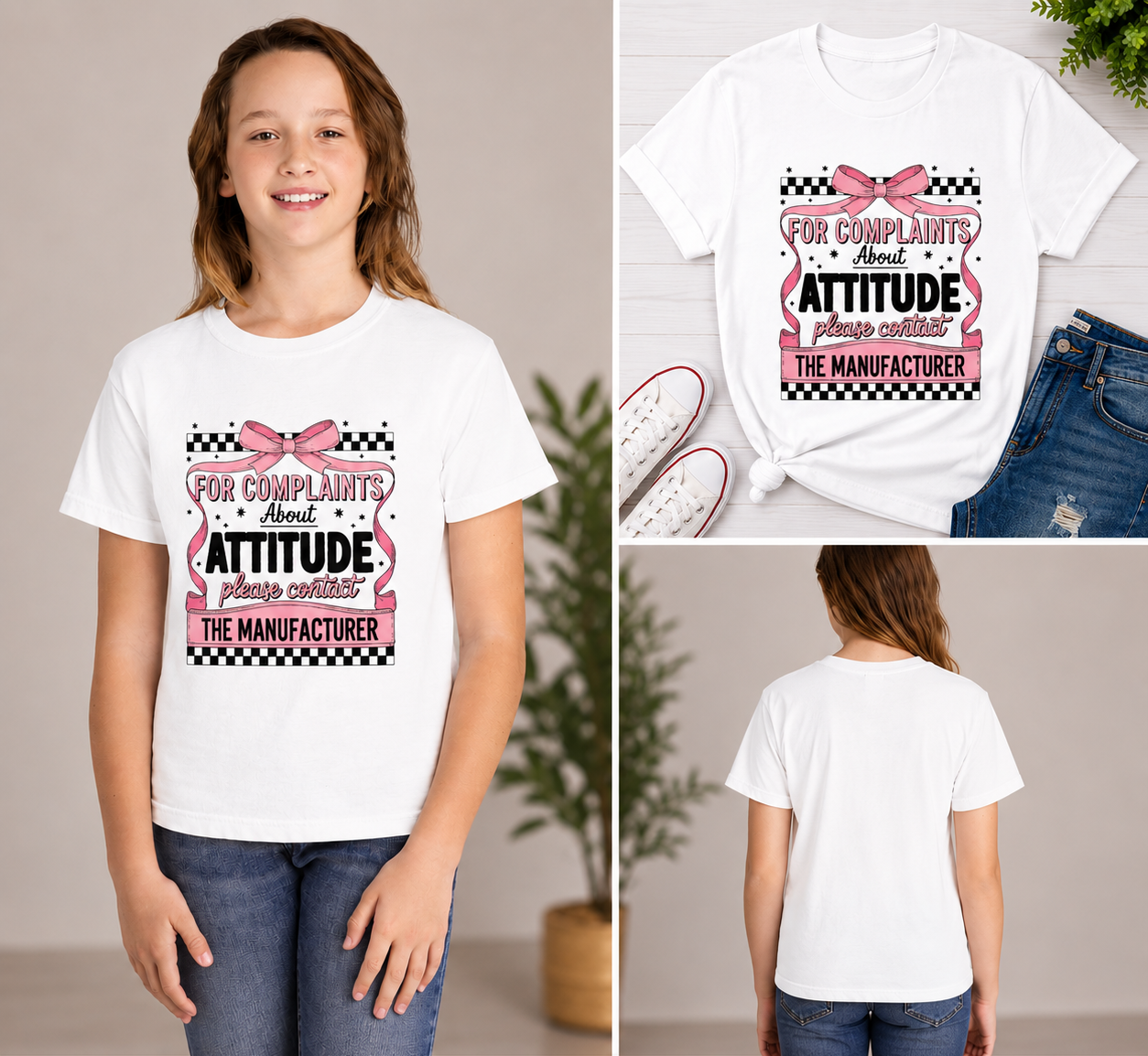 Youth Tee "For Complaints About Attitude Please Contact The Manufacturer" — Funny Pink Ribbon Attitude Graphic