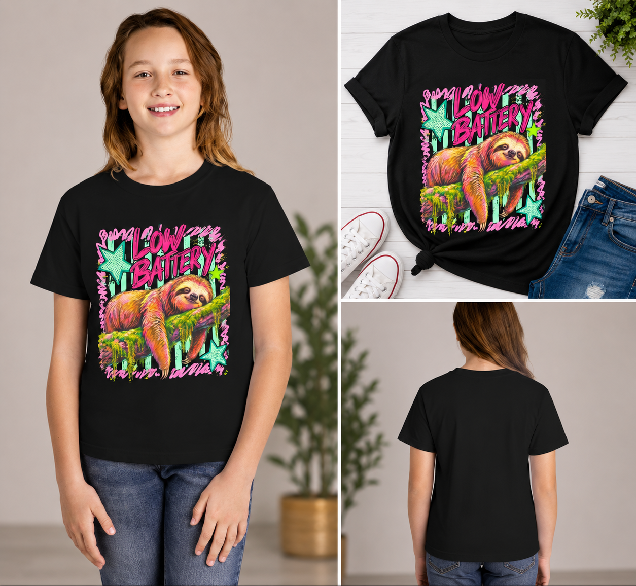 Sloth "Low Battery" Youth Tee — Cute Lazy Animal Graphic Shirt