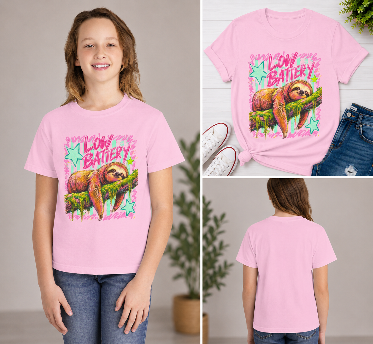 Sloth "Low Battery" Youth Tee — Cute Lazy Animal Graphic Shirt