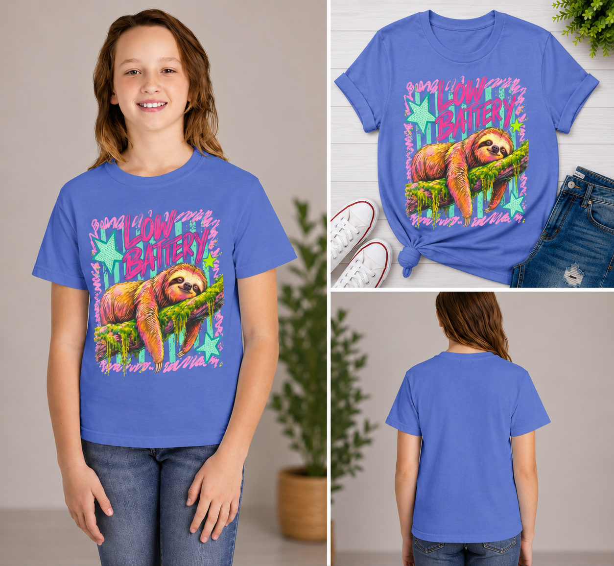 Sloth "Low Battery" Youth Tee — Cute Lazy Animal Graphic Shirt