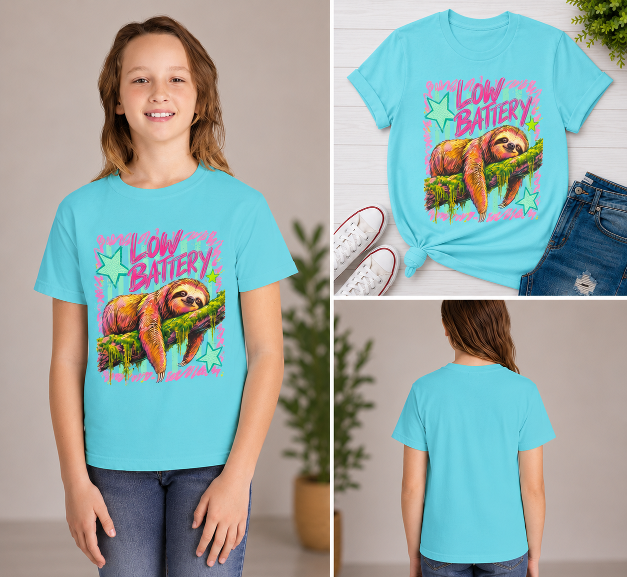 Sloth "Low Battery" Youth Tee — Cute Lazy Animal Graphic Shirt