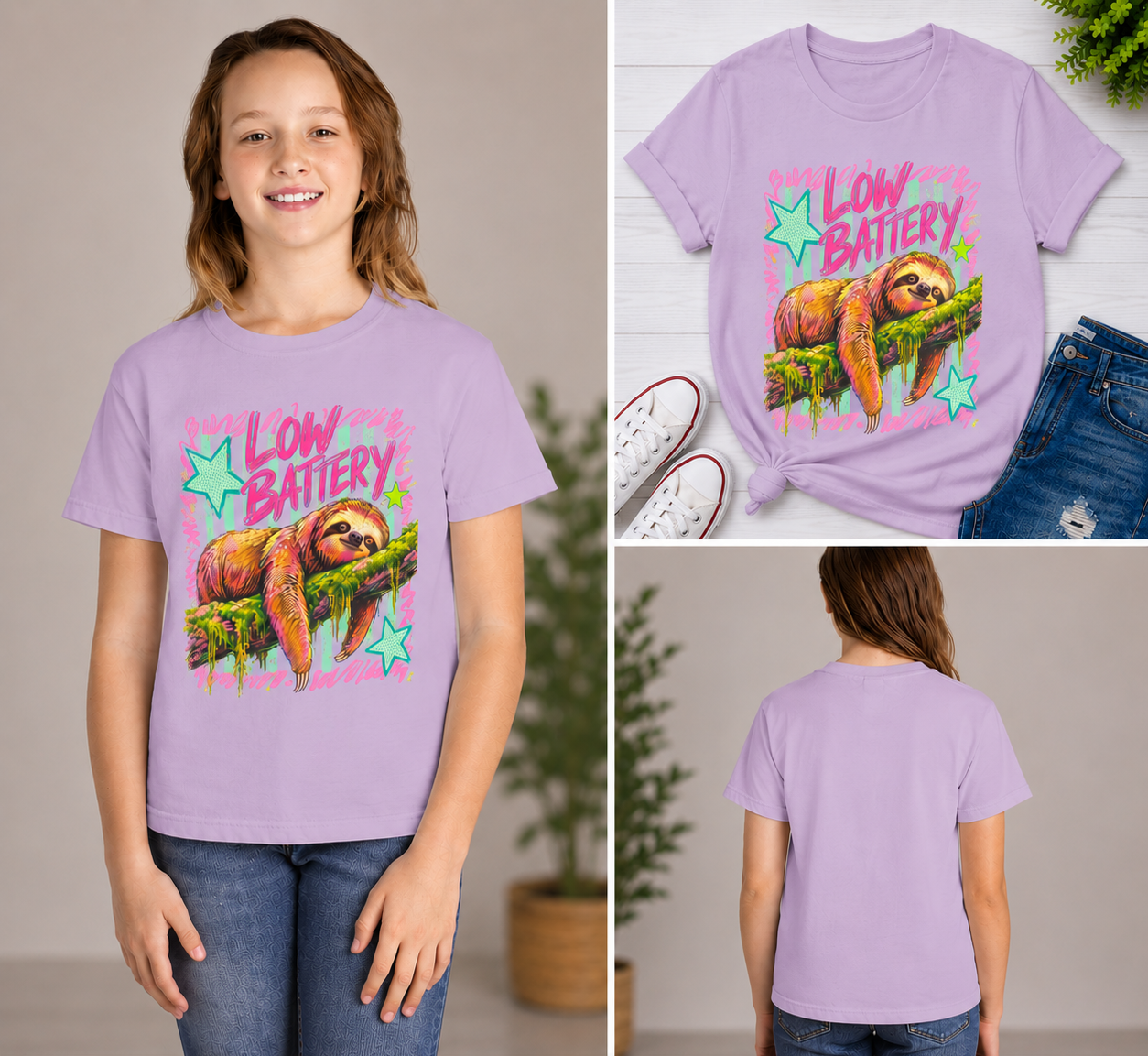 Sloth "Low Battery" Youth Tee — Cute Lazy Animal Graphic Shirt