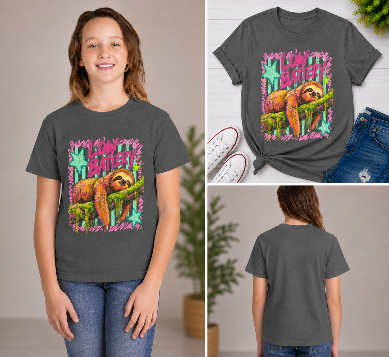 Sloth "Low Battery" Youth Tee — Cute Lazy Animal Graphic Shirt