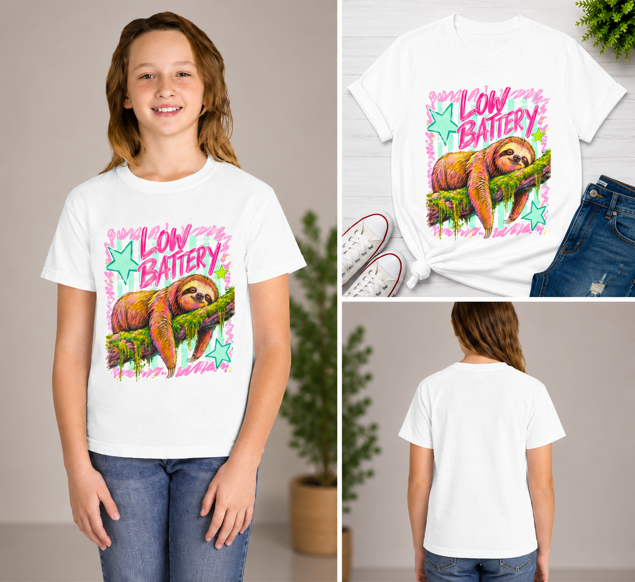 Sloth "Low Battery" Youth Tee — Cute Lazy Animal Graphic Shirt